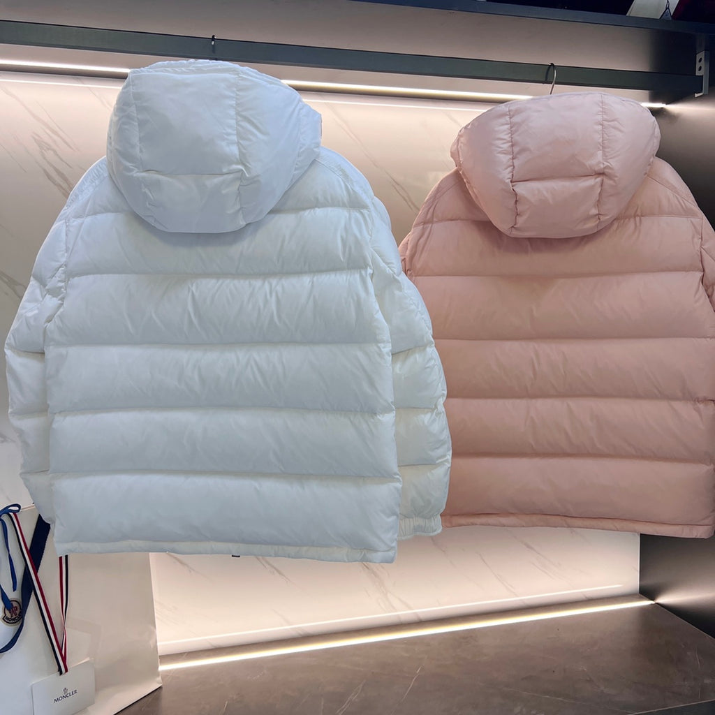 Light blue and pale pink long puffer jackets, hooded back view