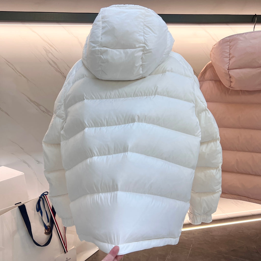 Light blue long puffer jacket with hood, back view