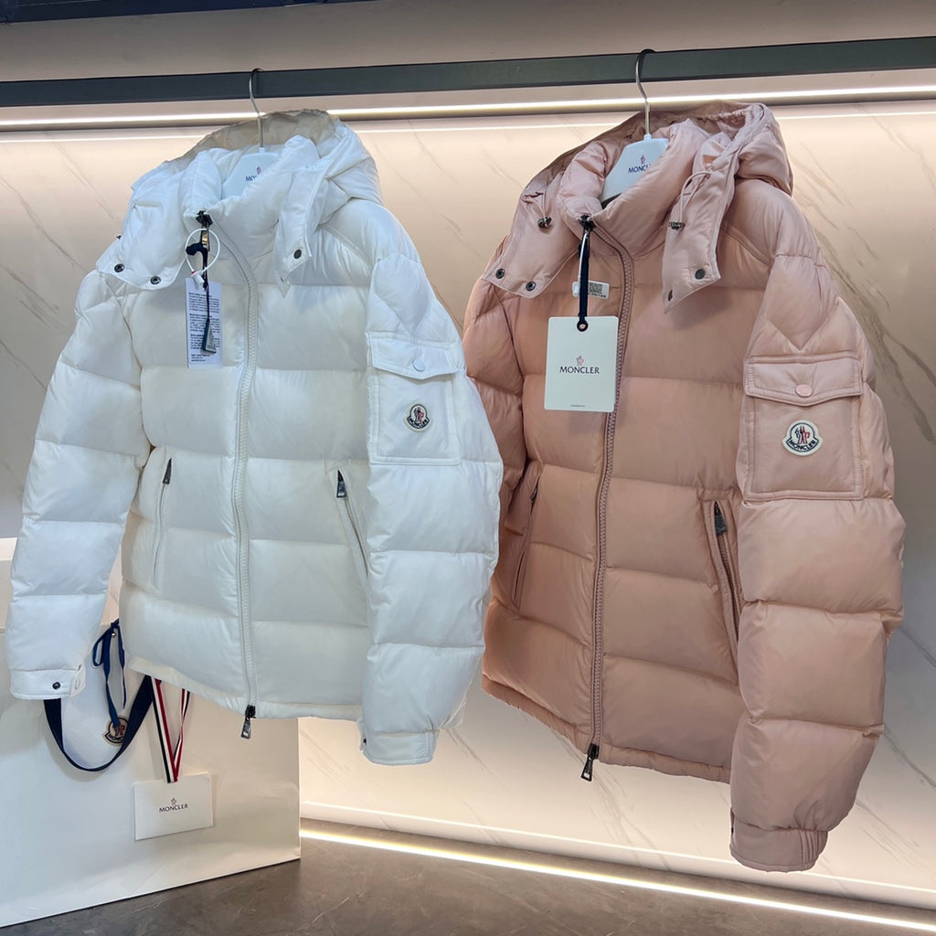 Long puffer jackets in light blue and pale pink, hood, front zip, chest pockets