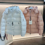 Long puffer jackets, light blue and pale pink, hooded with front zip
