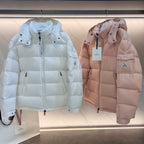 Long hooded puffer jackets, light blue and pale pink, front zip with logo patch