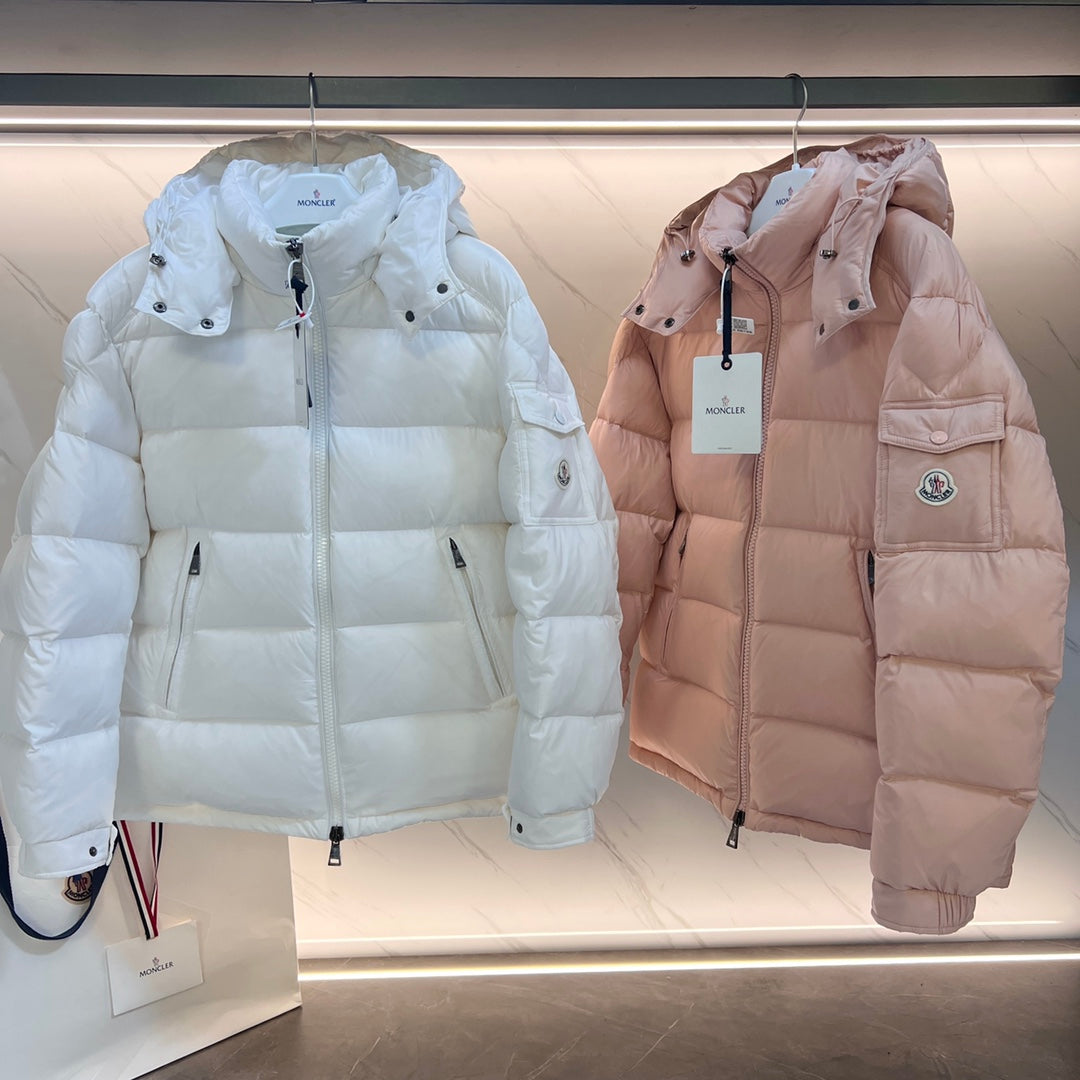 Long hooded puffer jackets, light blue and pale pink, front zip with logo patch