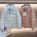 Moncler long puffer jacket, light blue, full-zip with hood and logo patch