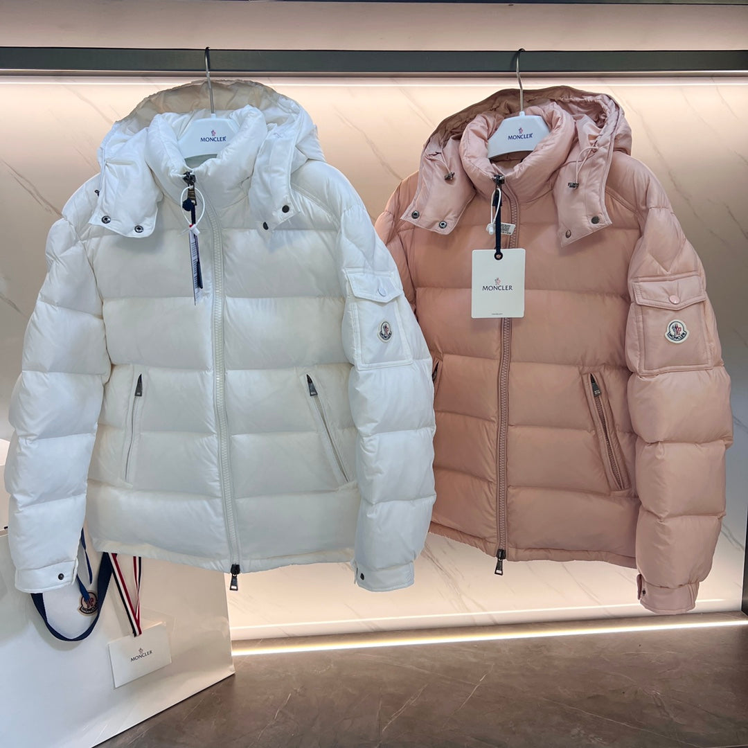 Moncler long puffer jacket, light blue, full-zip with hood and logo patch