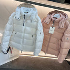 Long puffer jackets, light blue and pale pink, hood and front zip with pockets