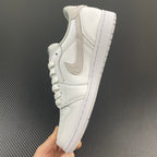 Air Jordan 1 low OG sneakers, quarter view with white leather and light gray swoosh