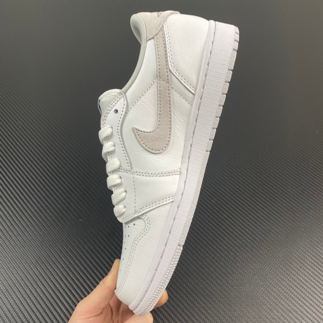 Air Jordan 1 low OG sneakers, quarter view with white leather and light gray swoosh