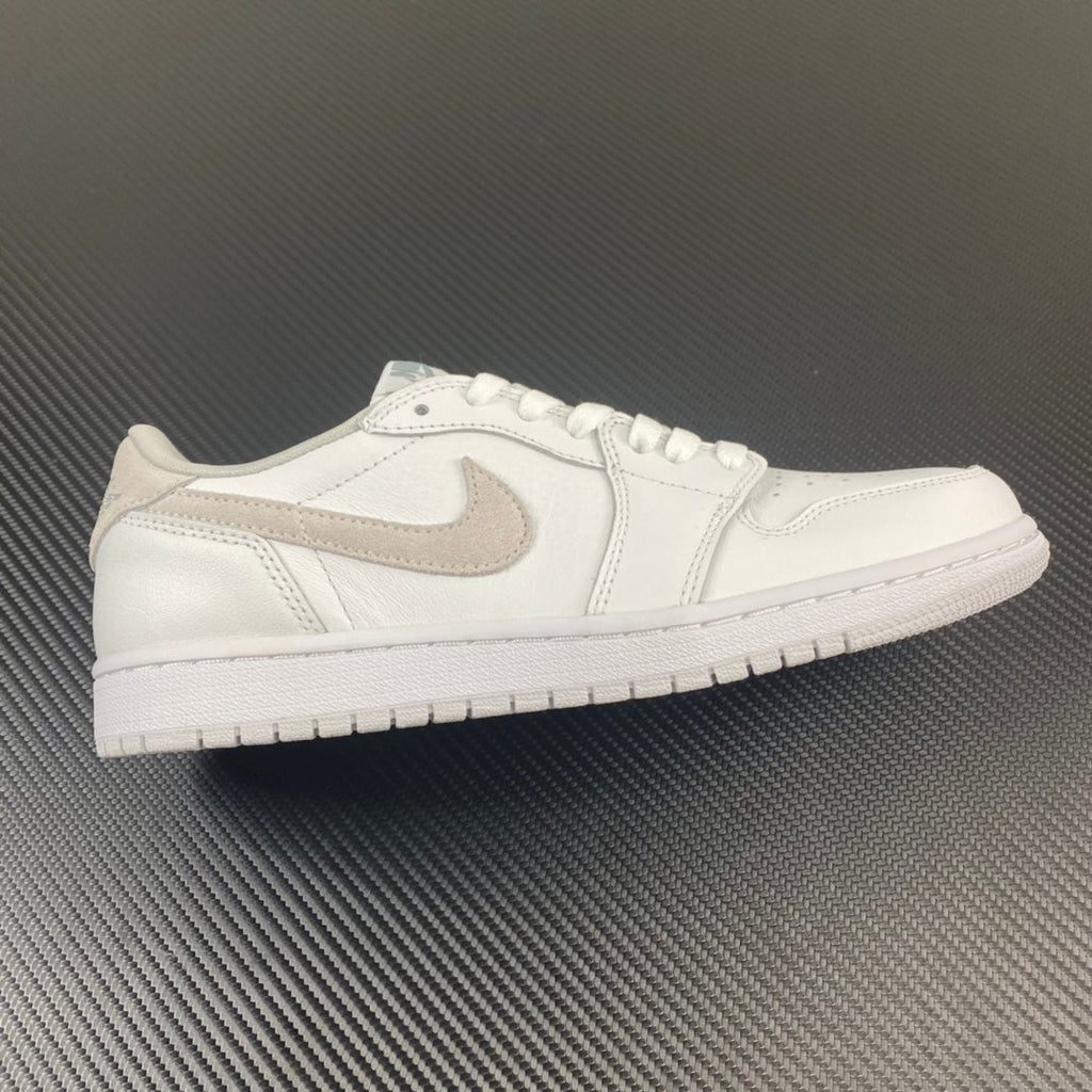 Air Jordan 1 low OG sneakers in white with light gray swoosh, lace-up design