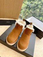 Amiri tan suede ankle boots with fluffy white shearling trim, pair in box