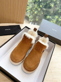 Amiri tan suede ankle boots with white shearling trim, in presentation box
