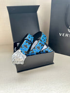 Versace belt with blue logo strap and silver Medusa medallion buckle