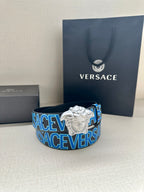 Versace belt with blue and white logo print strap and silver Medusa buckle