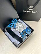 Versace belt with blue logo strap and silver Medusa head buckle