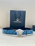 Versace belt with blue and white logo print strap and silver Medusa buckle