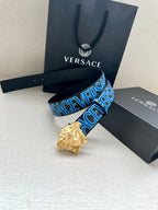 Versace belt, dark blue strap with Versace logo print and gold Medusa buckle.