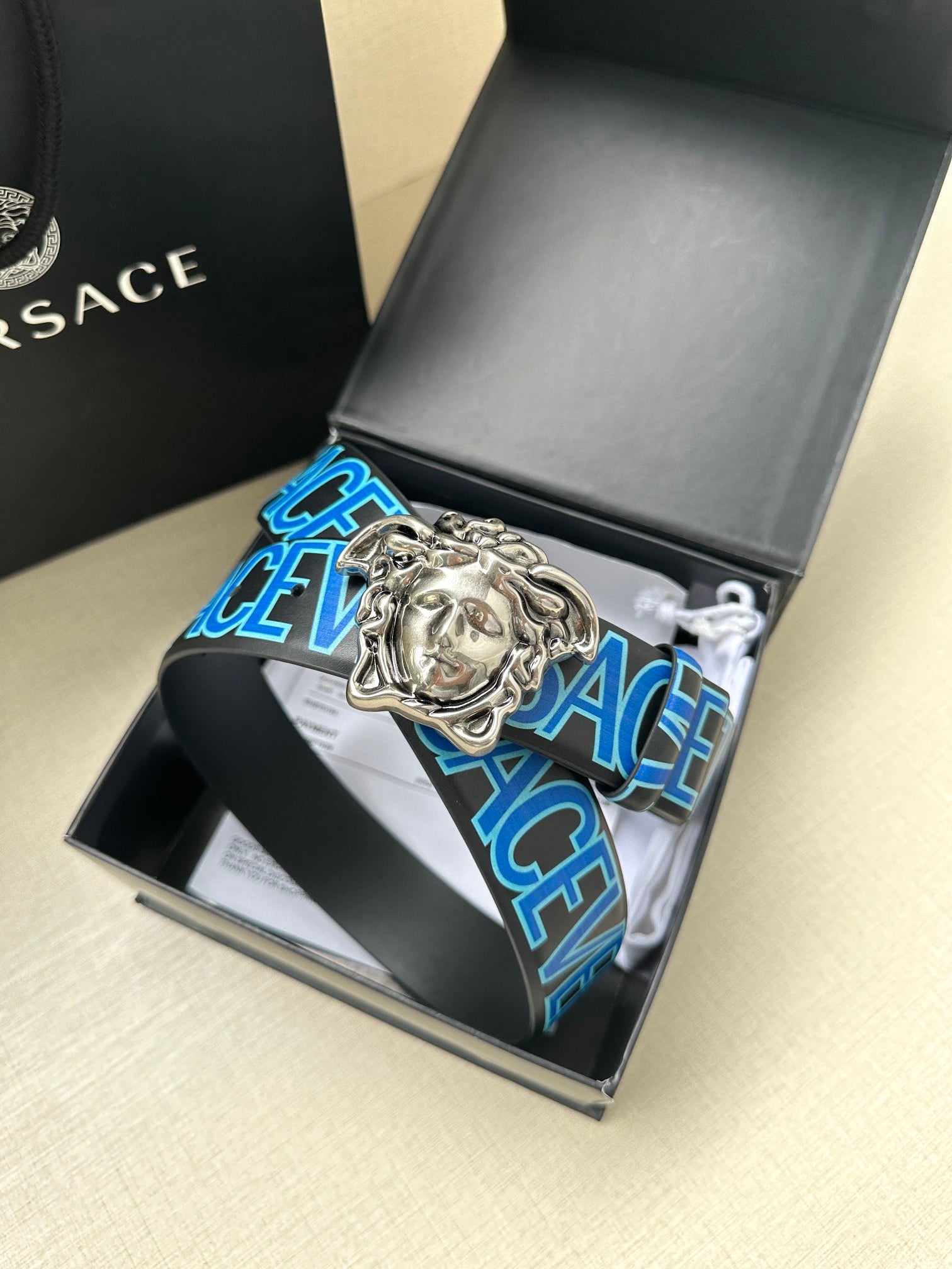 Versace belt in gift box: blue logo strap with silver Medusa buckle