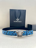 Versace belt: blue logo strap with silver Medusa buckle