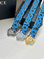 Versace belt set: blue, silver, and gold logo straps with Medusa buckles