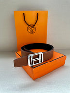 Brown leather belt with silver-toned square H buckle and loop keeper strap