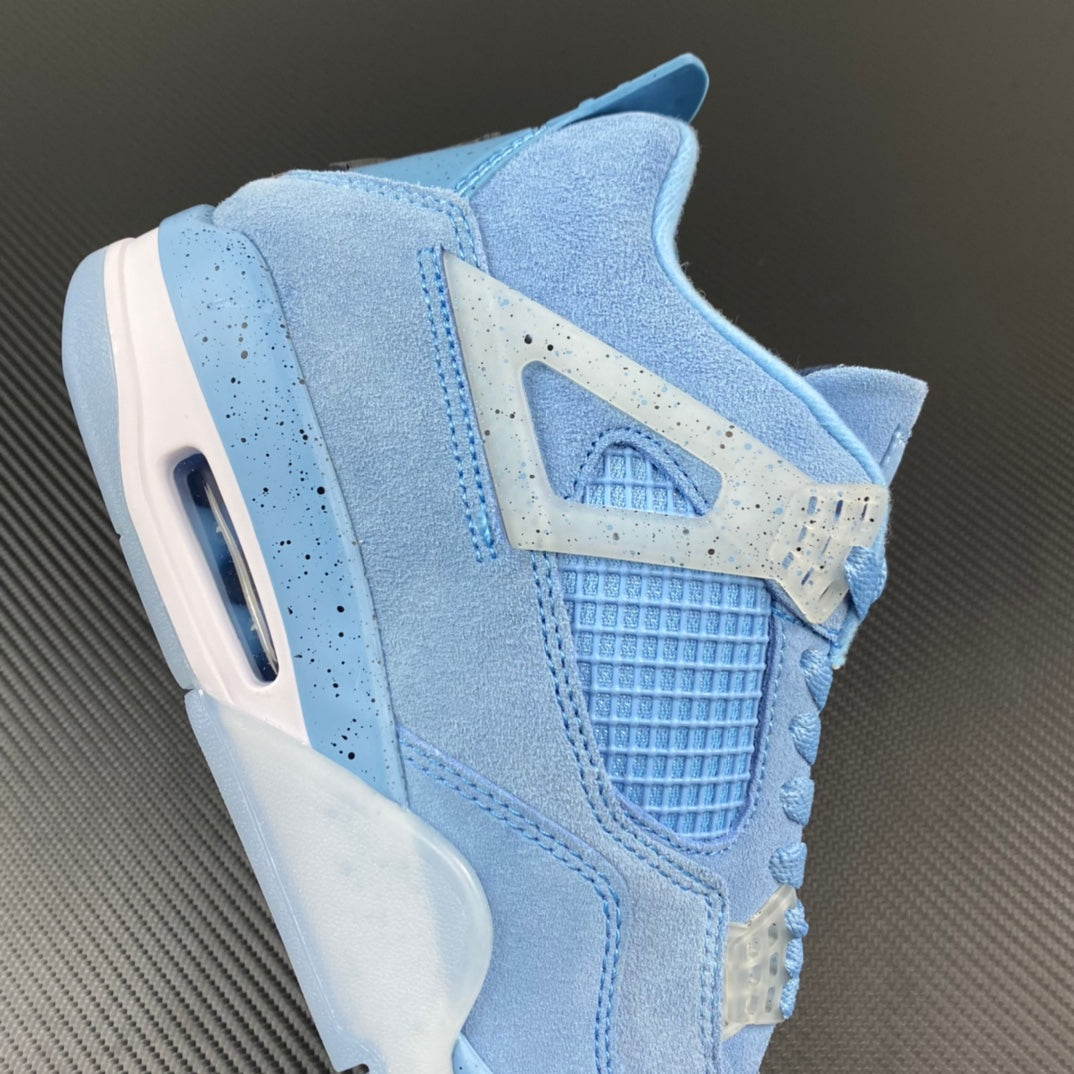 Light blue Air Jordan 4 sneaker side view with mesh pocket and white midsole