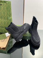 Gucci unisex Chelsea boots, dark elastic gore, embossed pattern, thick platform tread sole