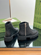 Gucci unisex dark black lace-up boots with side zipper and embossed monogram