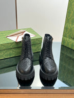 Pair of Gucci unisex lace-up ankle boots with side zipper, dark black monogram