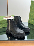 Gucci unisex lace-up leather boots with side zip, dark black monogram pattern