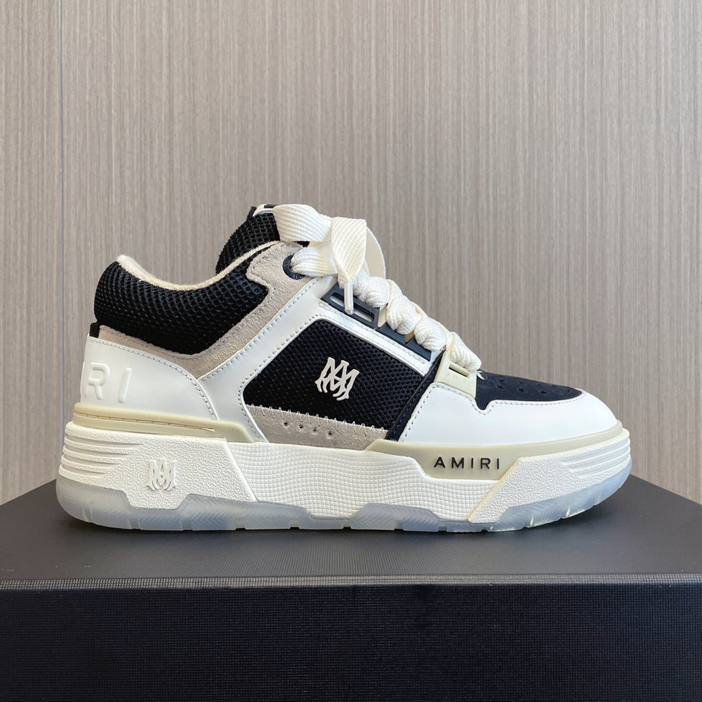 Amiri low-top sneakers, white upper with black collar and side logo, lace-up