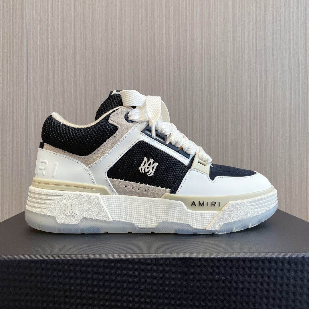 Amiri low-top sneakers, white upper with black collar and side logo, lace-up