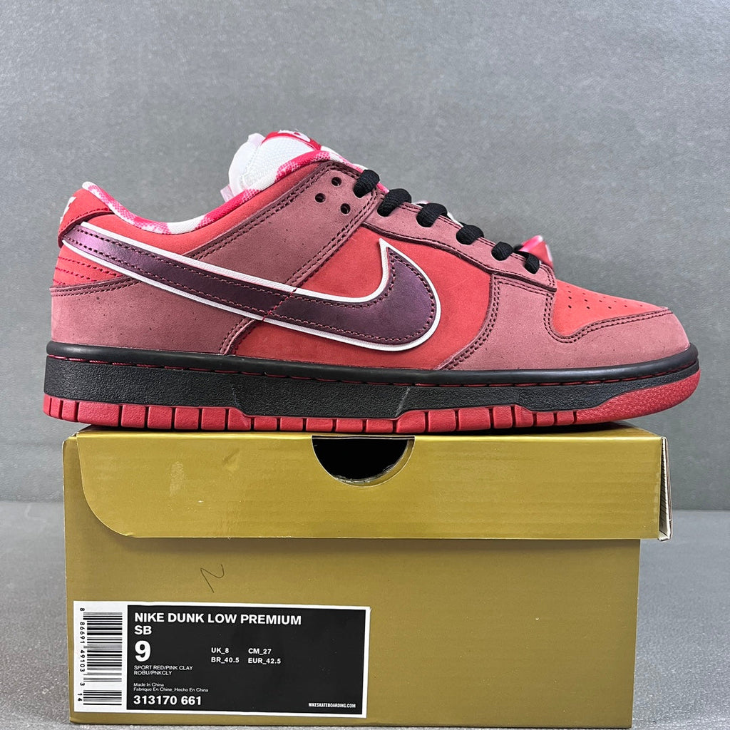 Pink and burgundy Nike SB Dunk Low sneakers with purple swoosh and black laces