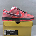 Pink and burgundy Nike SB Dunk Low sneakers with purple swoosh and black laces