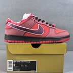 Pink and burgundy Nike SB Dunk Low sneakers with purple swoosh and black laces