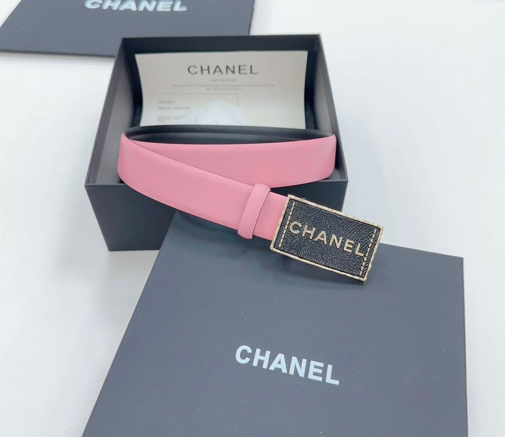 Chanel belt in gift box, pink strap with black CHANEL logo buckle
