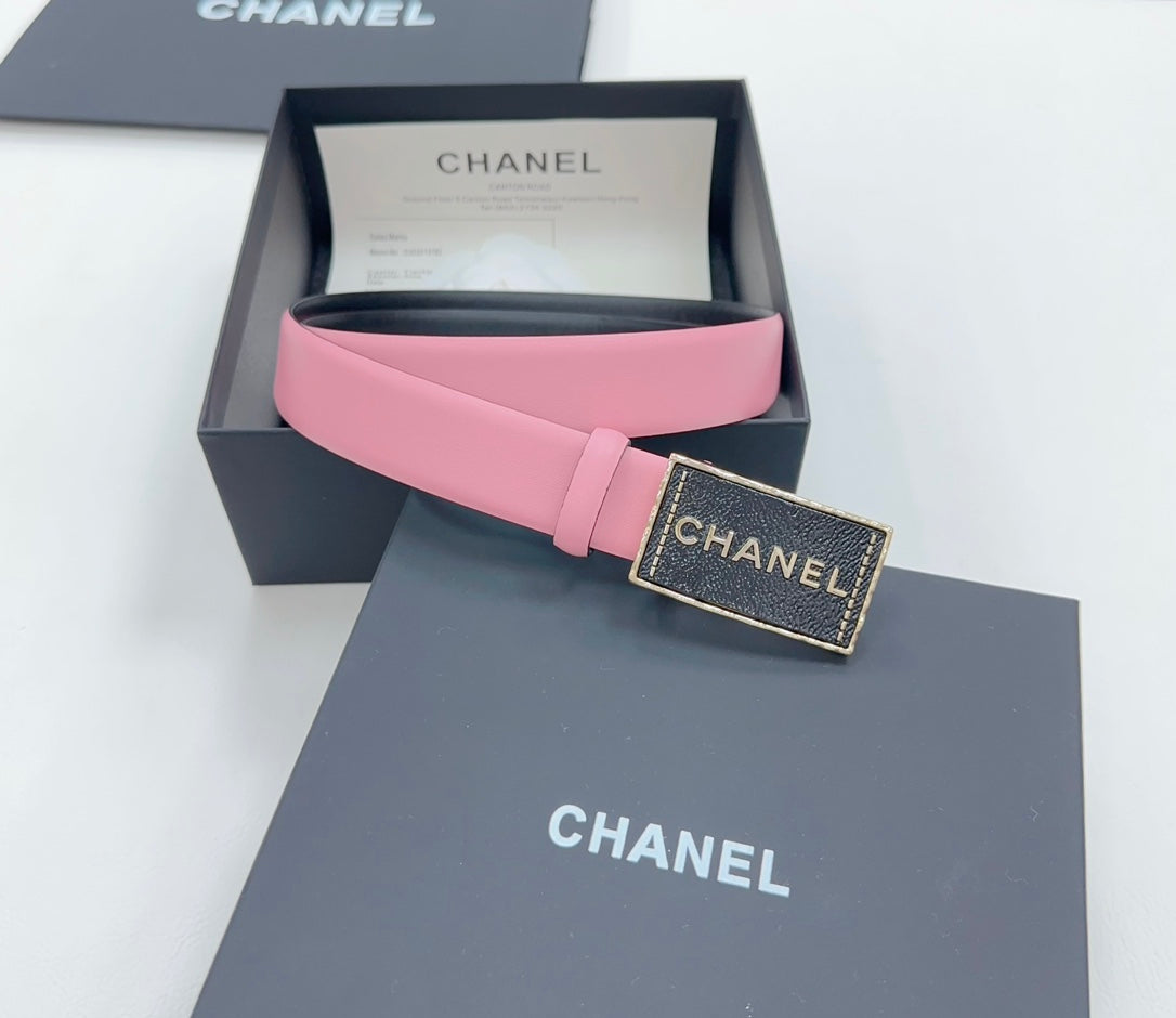 Chanel belt in gift box, pink strap with black CHANEL logo buckle