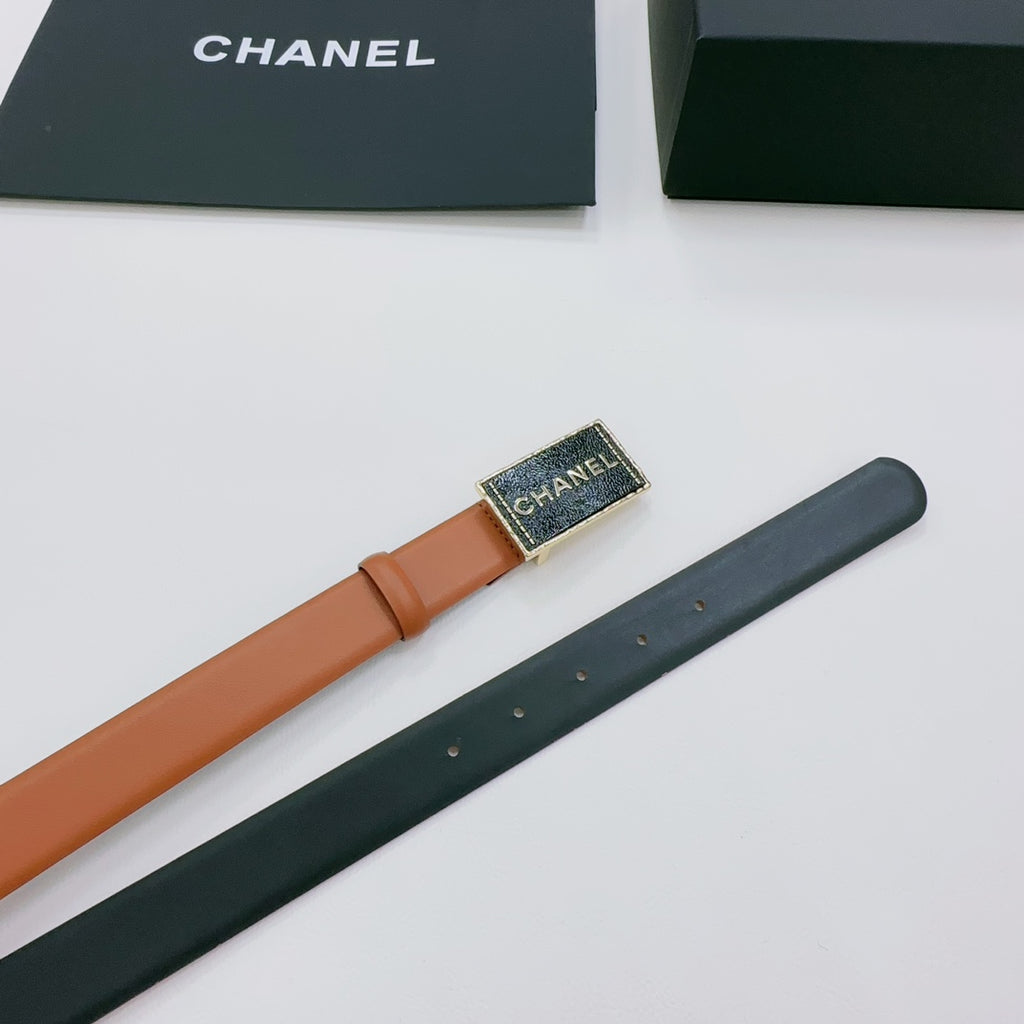 Chanel belt set view: tan leather belt and dark green leather belt with buckle