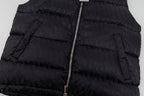 Black hooded puffer vest fabric and front zipper close-up