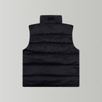 Black hooded puffer vest, rear view with horizontal quilting