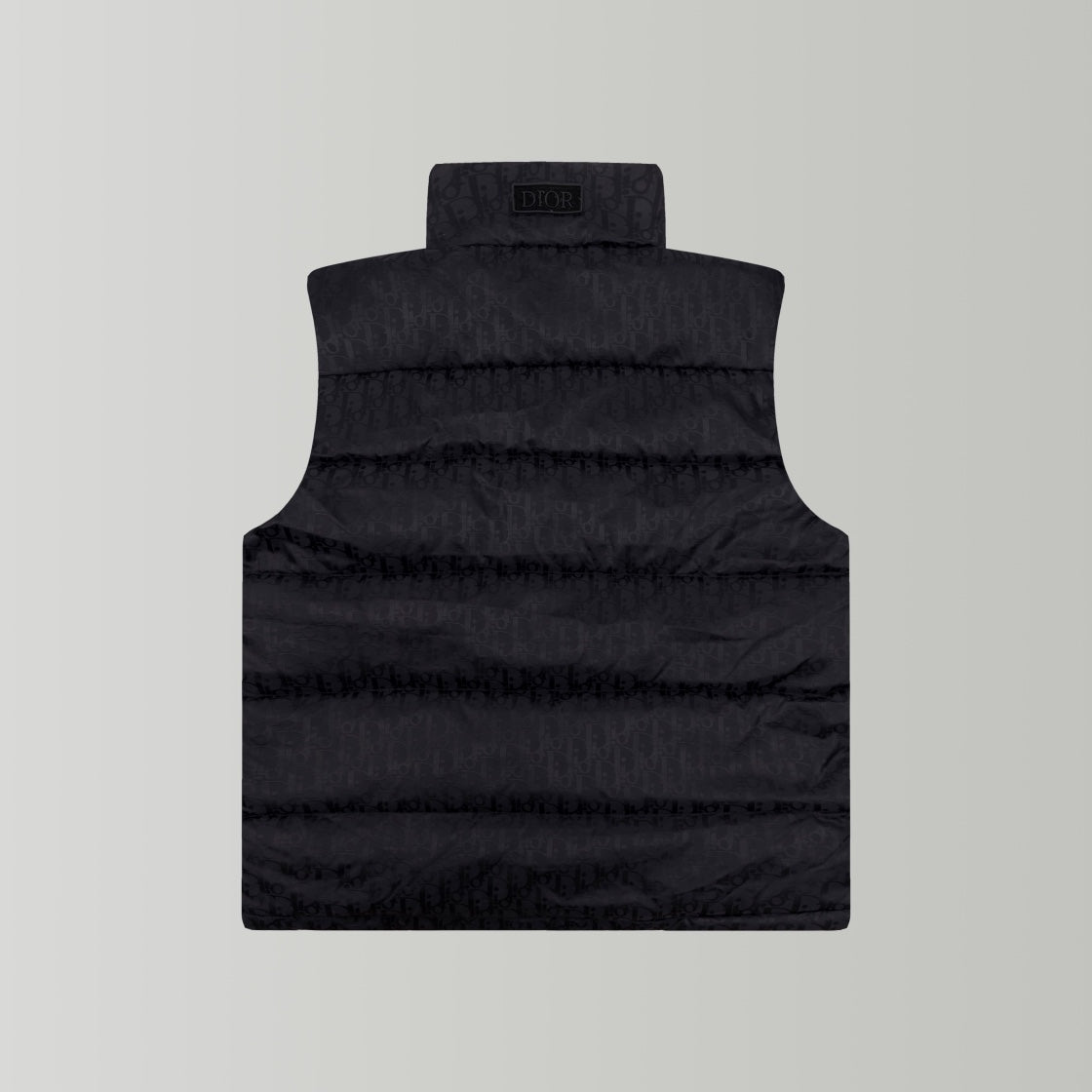 Black hooded puffer vest, rear view with horizontal quilting