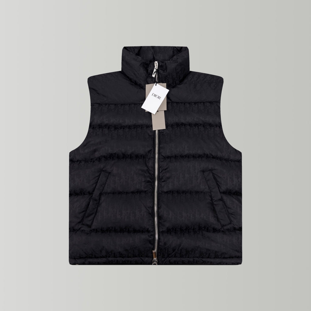 Black hooded puffer vest with front zipper and stand collar