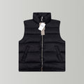 Black hooded puffer vest with front zipper and stand collar