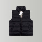 Black hooded puffer vest with front zipper and stand collar