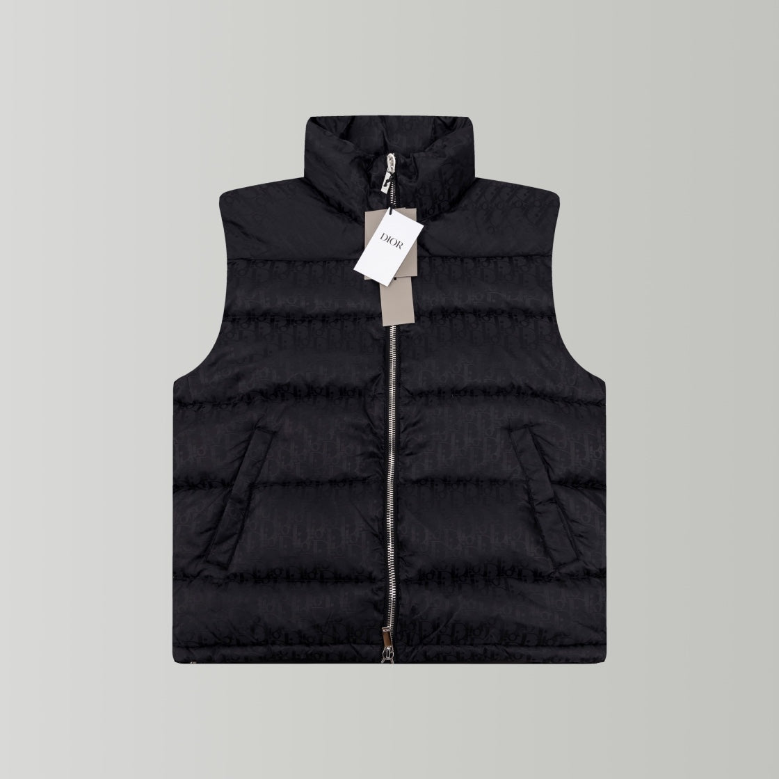 Black hooded puffer vest with front zipper and stand collar