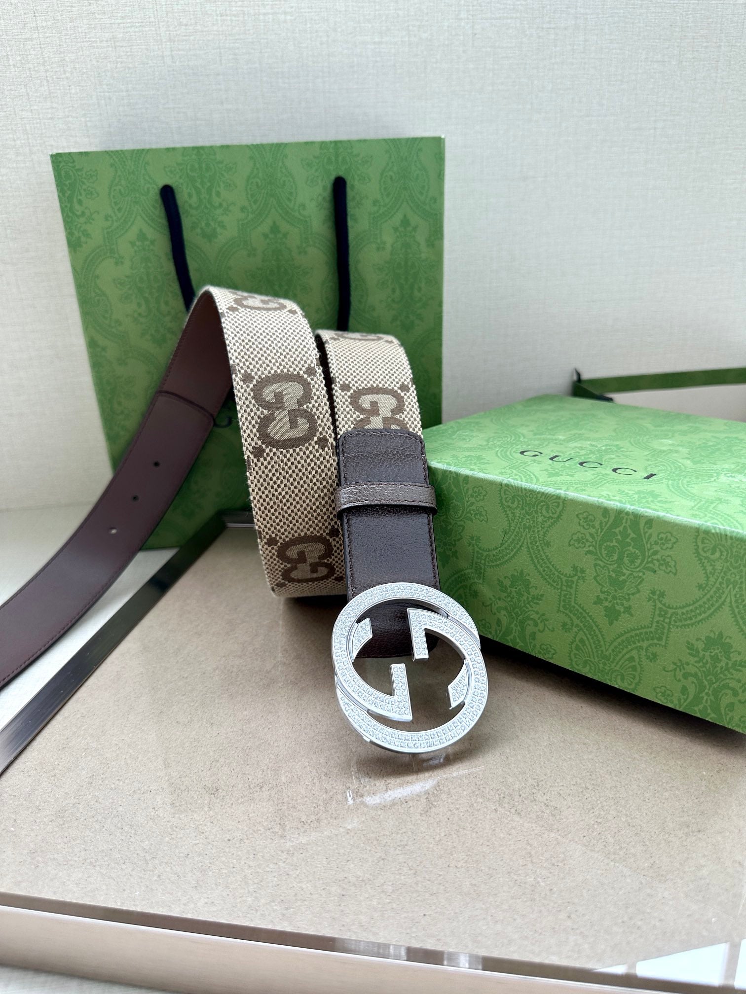 Gucci belt with dark brown strap, GG canvas section, and silver-tone circular buckle