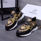 Versace luxury shoes, black sneakers with gold baroque print, Medusa badge, chain laces