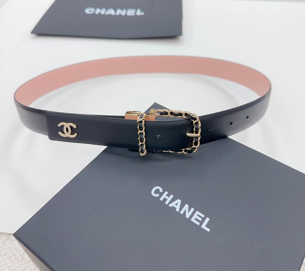 Chanel belt with dark strap and pink top edge, gold buckle and chain-link hardware.