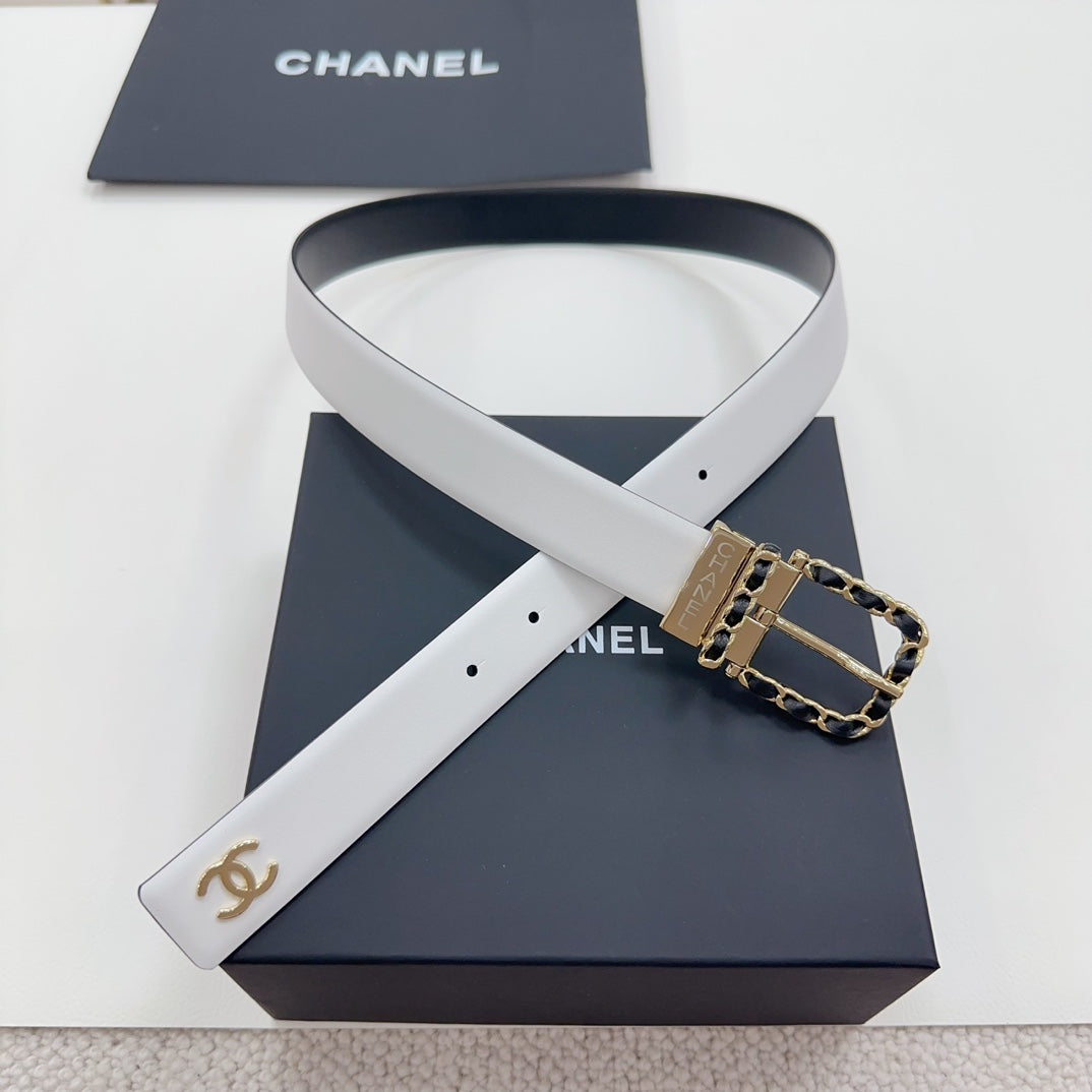 Leather belt with dark blue strap and gold-tone CC buckle with chain link detail