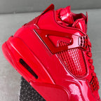 Red patent Jordan sneaker close-up of heel and side mesh panel