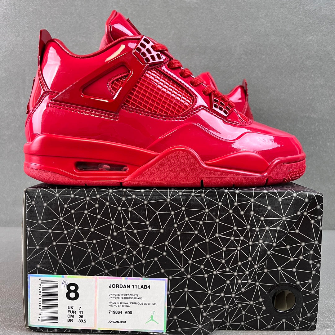 Red patent Jordan sneaker with grid side cage and lace-up closure