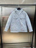 Blue and white patterned hooded long jacket with full zipper and flap chest pockets